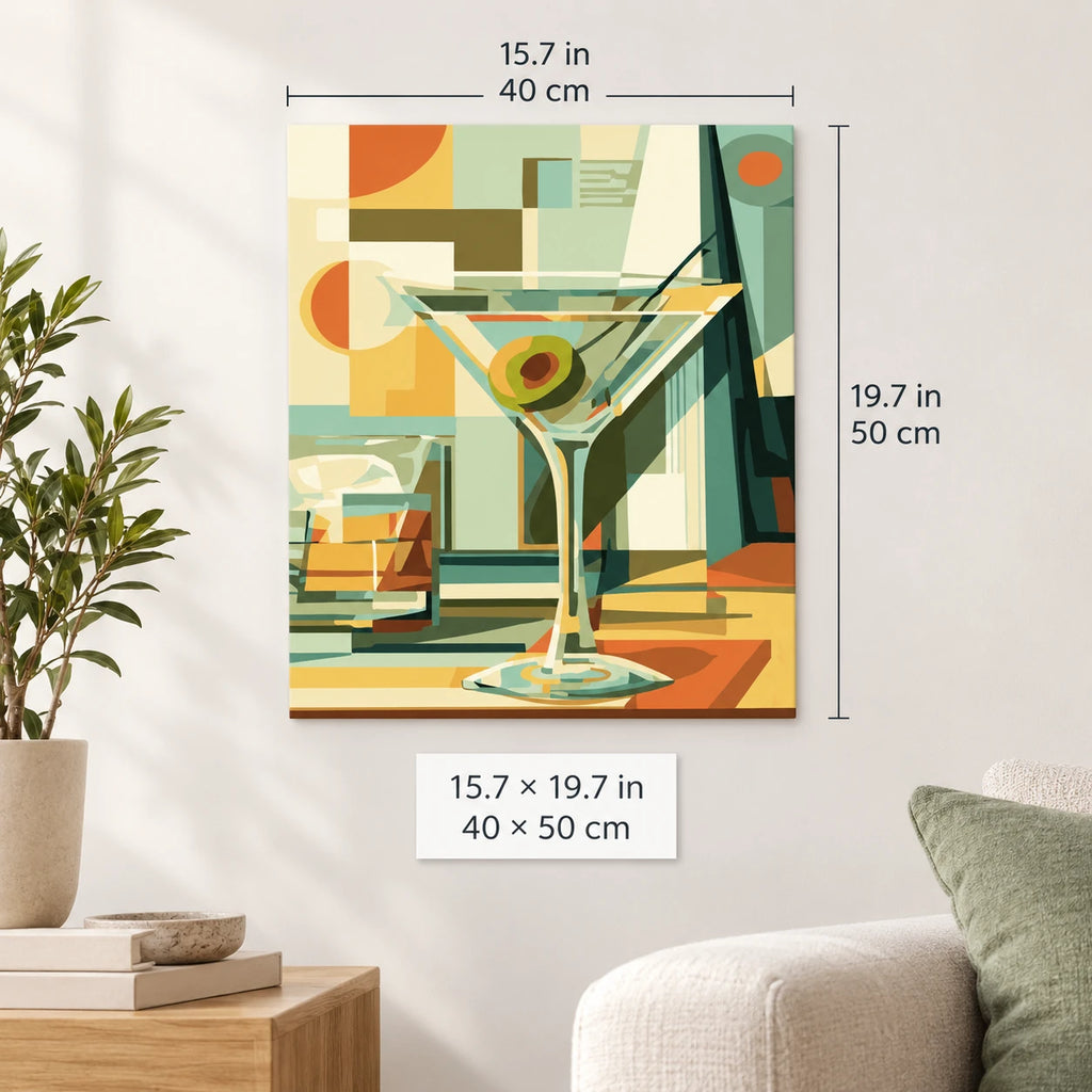 Geometric Martini Still Life shown in a styled room with 15.7 x 19.7 in and 40 x 50 cm dimensions