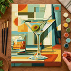 Complete Geometric Martini Still Life numbered canvas being painted with acrylic paints and brushes