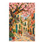White-background original artwork of a geometric European village lane beneath pink blossoms