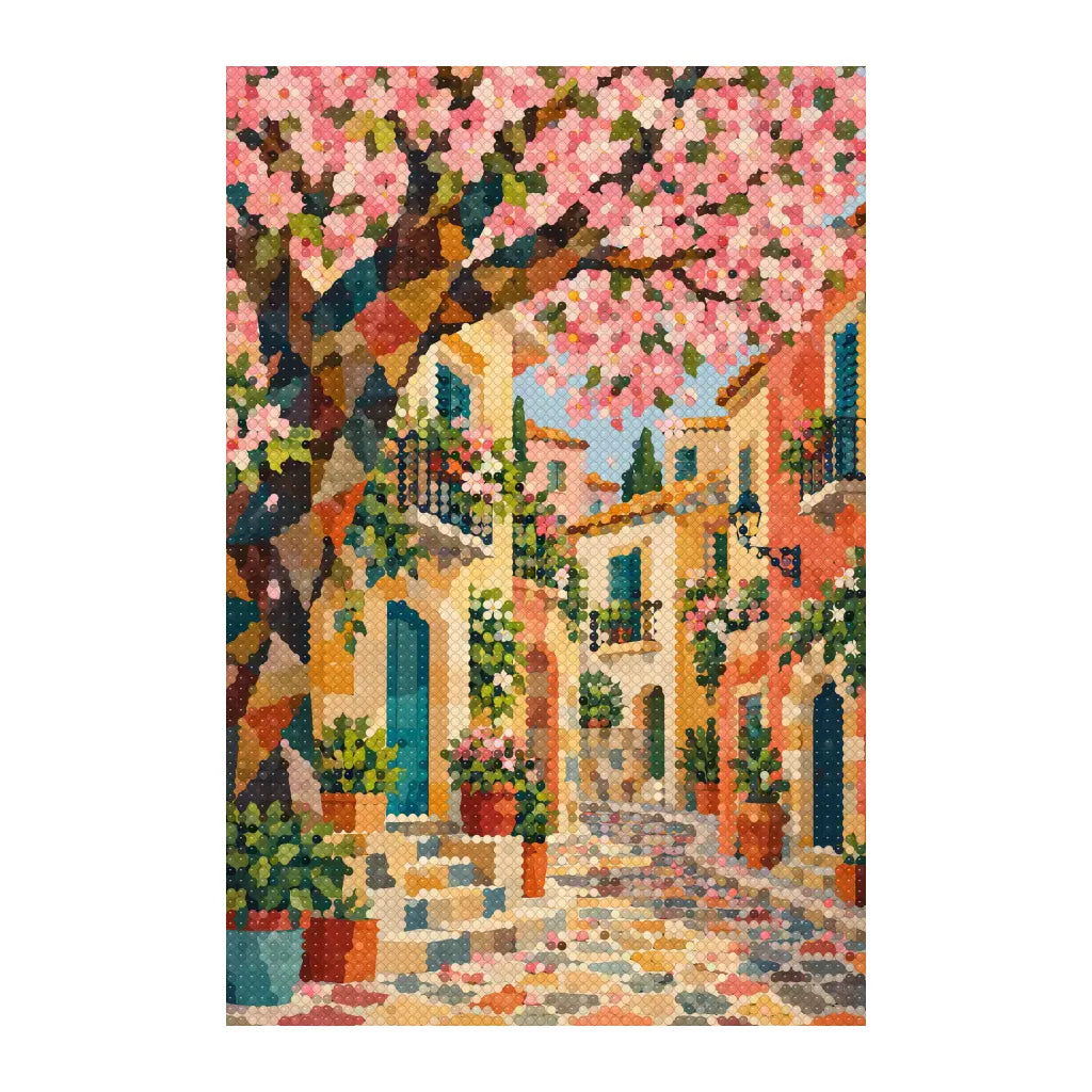 White-background finished diamond painting of a European village lane beneath spring blossoms