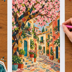 Diamond painting process showing a geometric blossom village being completed with a stylus