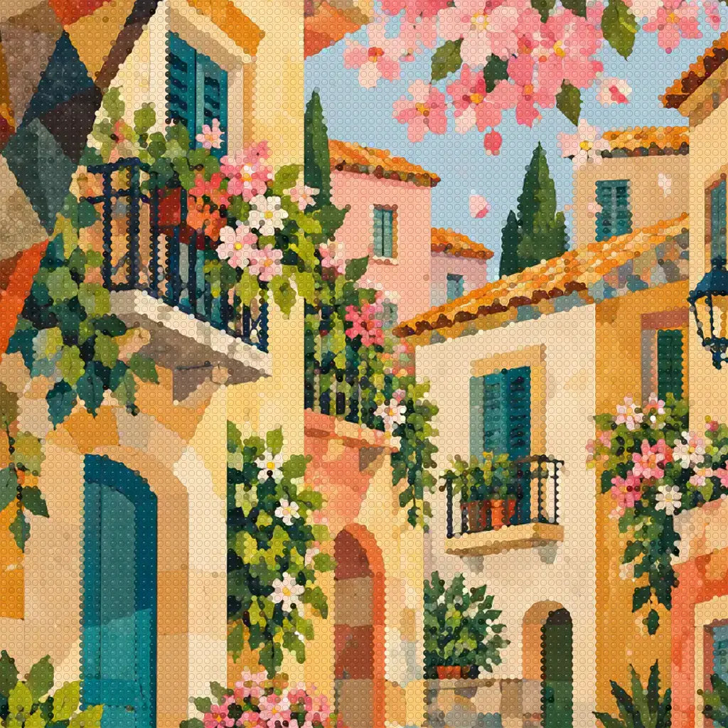 Close-up diamond drill detail of colorful village facades and spring blossoms