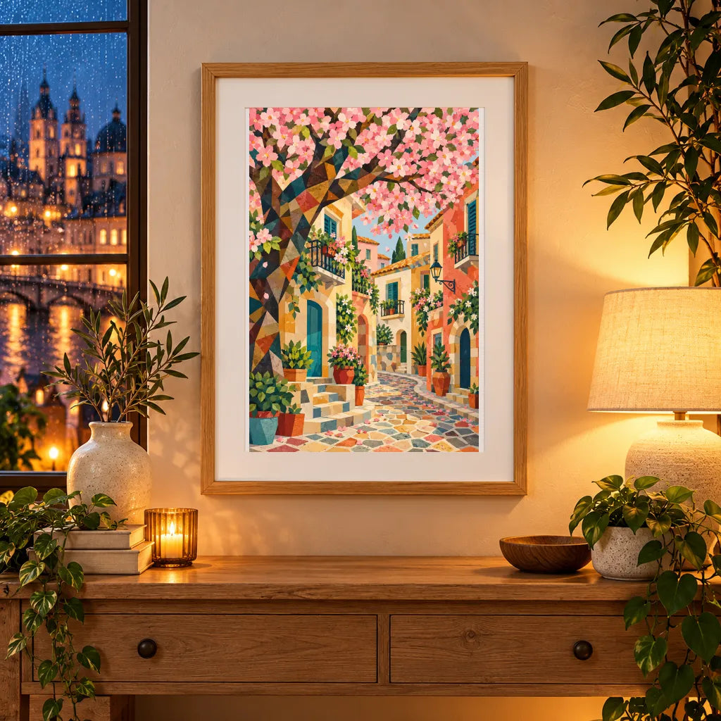 Framed geometric spring blossom village diamond painting displayed as home decor