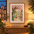 Framed geometric spring blossom village diamond painting displayed as home decor