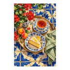 Geranium Tea on Blue Tile — finished diamond painting on a white background