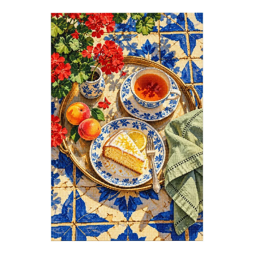 Geranium Tea on Blue Tile — finished diamond painting on a white background