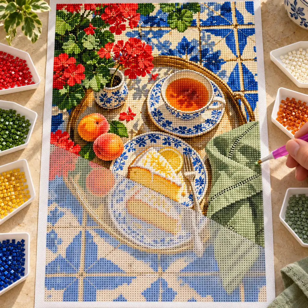Geranium Tea on Blue Tile — diamond painting process with an applicator pen