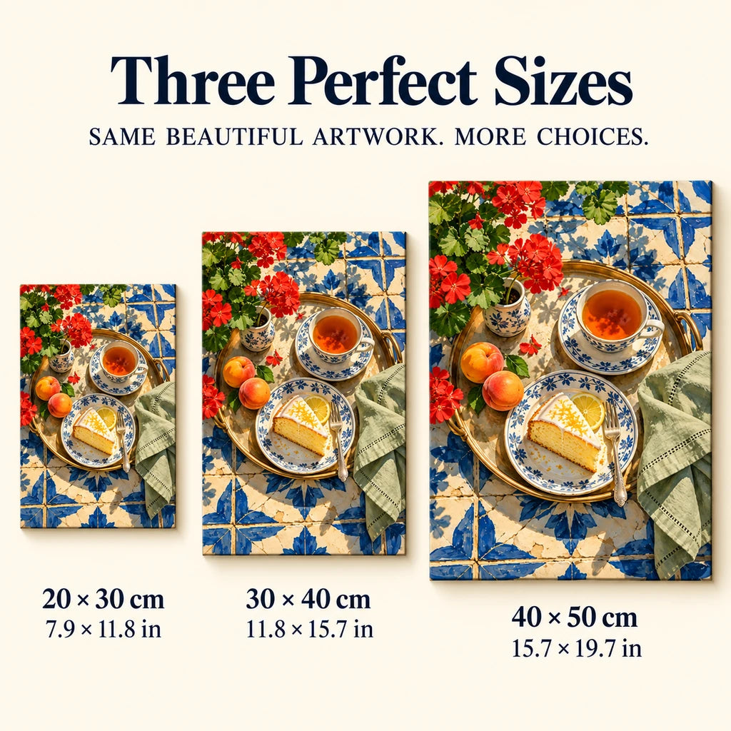 Geranium Tea on Blue Tile — size comparison for 20 × 30, 30 × 40 and 40 × 50 cm