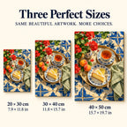 Geranium Tea on Blue Tile — size comparison for 20 × 30, 30 × 40 and 40 × 50 cm