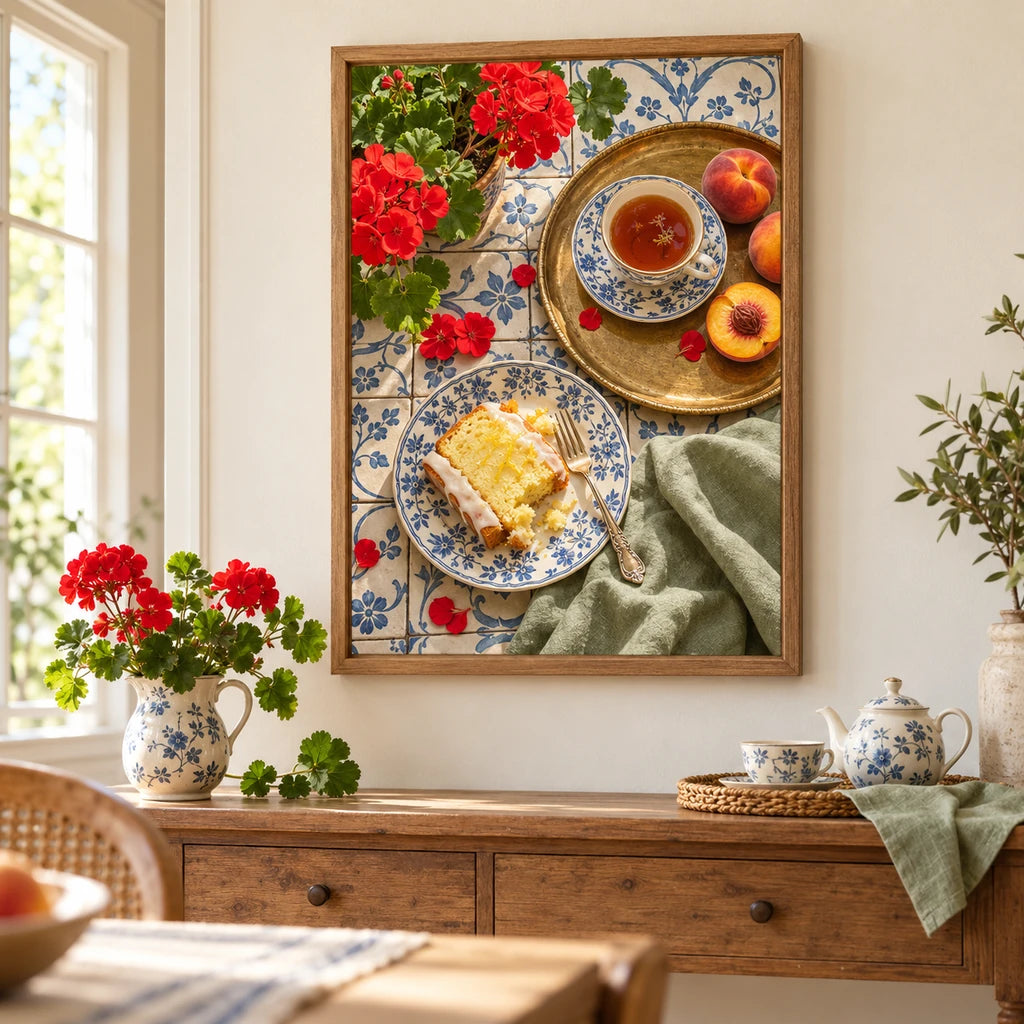 Geranium Tea on Blue Tile — finished diamond painting displayed in a home interior