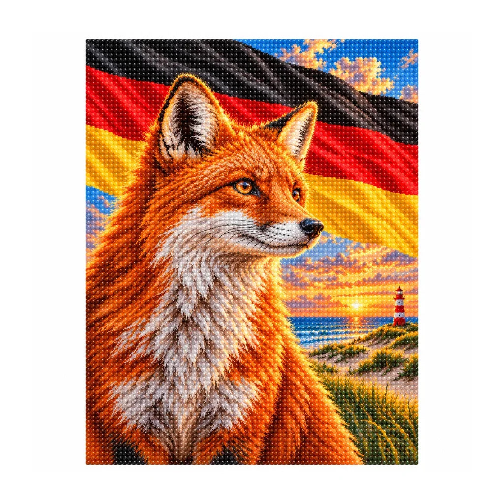 White-background finished diamond painting of German Fox Baltic Coast.