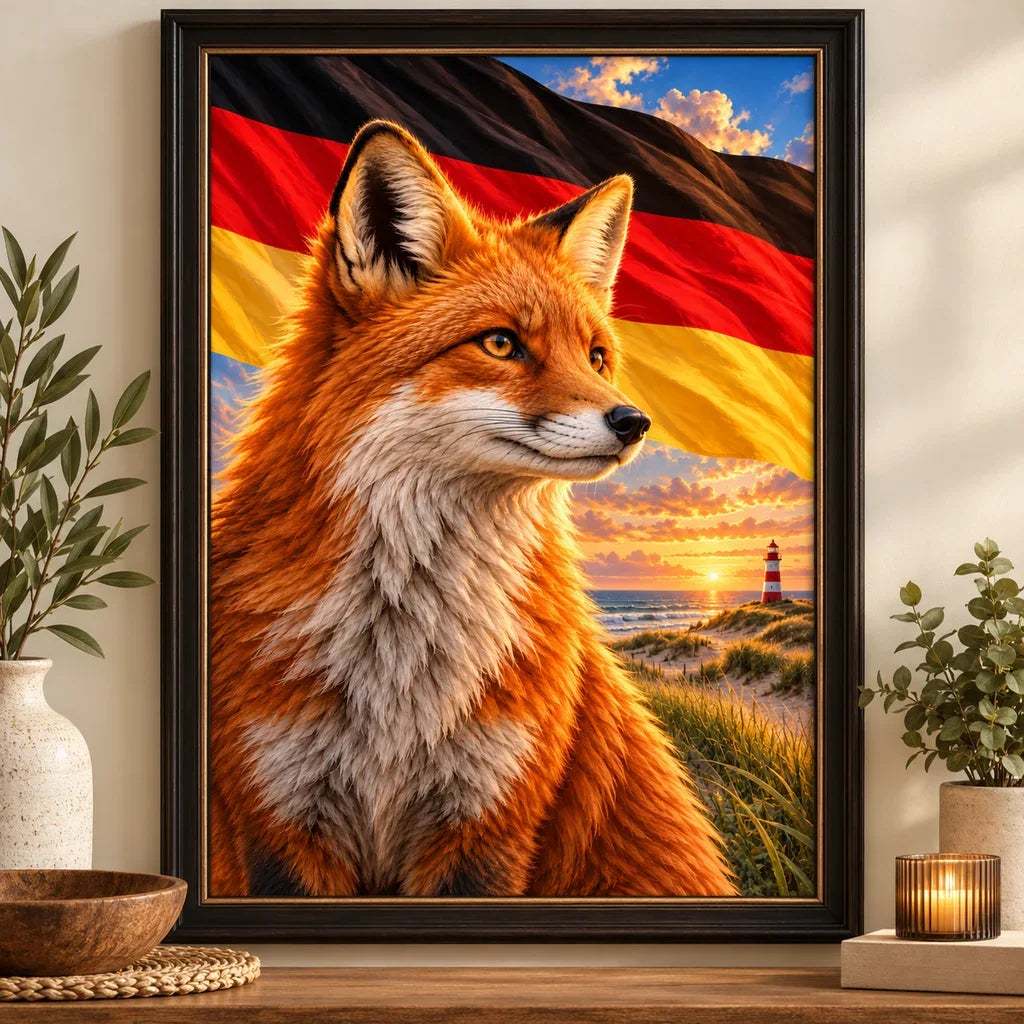 Framed German Fox Baltic Coast diamond painting displayed as home decor.