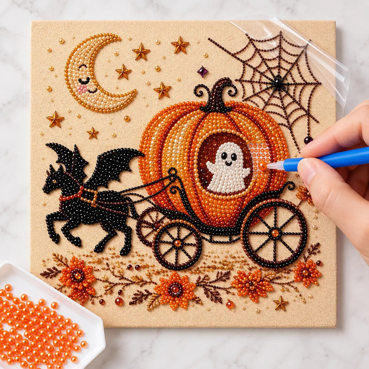 Ghost Pumpkin Carriage Pearl Diamond Painting Kit process image