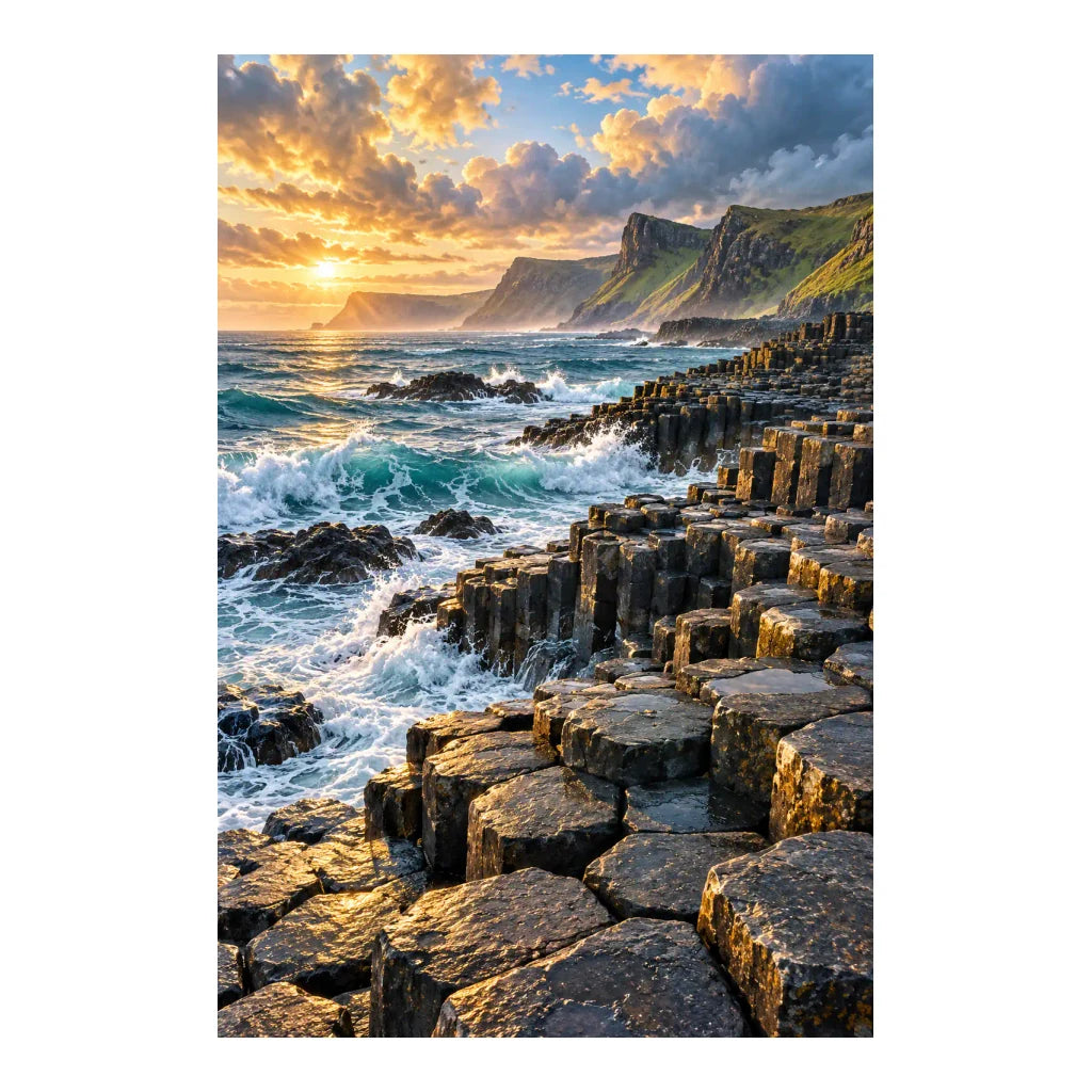 Original Giant’s Causeway artwork with basalt columns, Atlantic waves and a glowing sunset