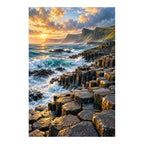 Original Giant’s Causeway artwork with basalt columns, Atlantic waves and a glowing sunset