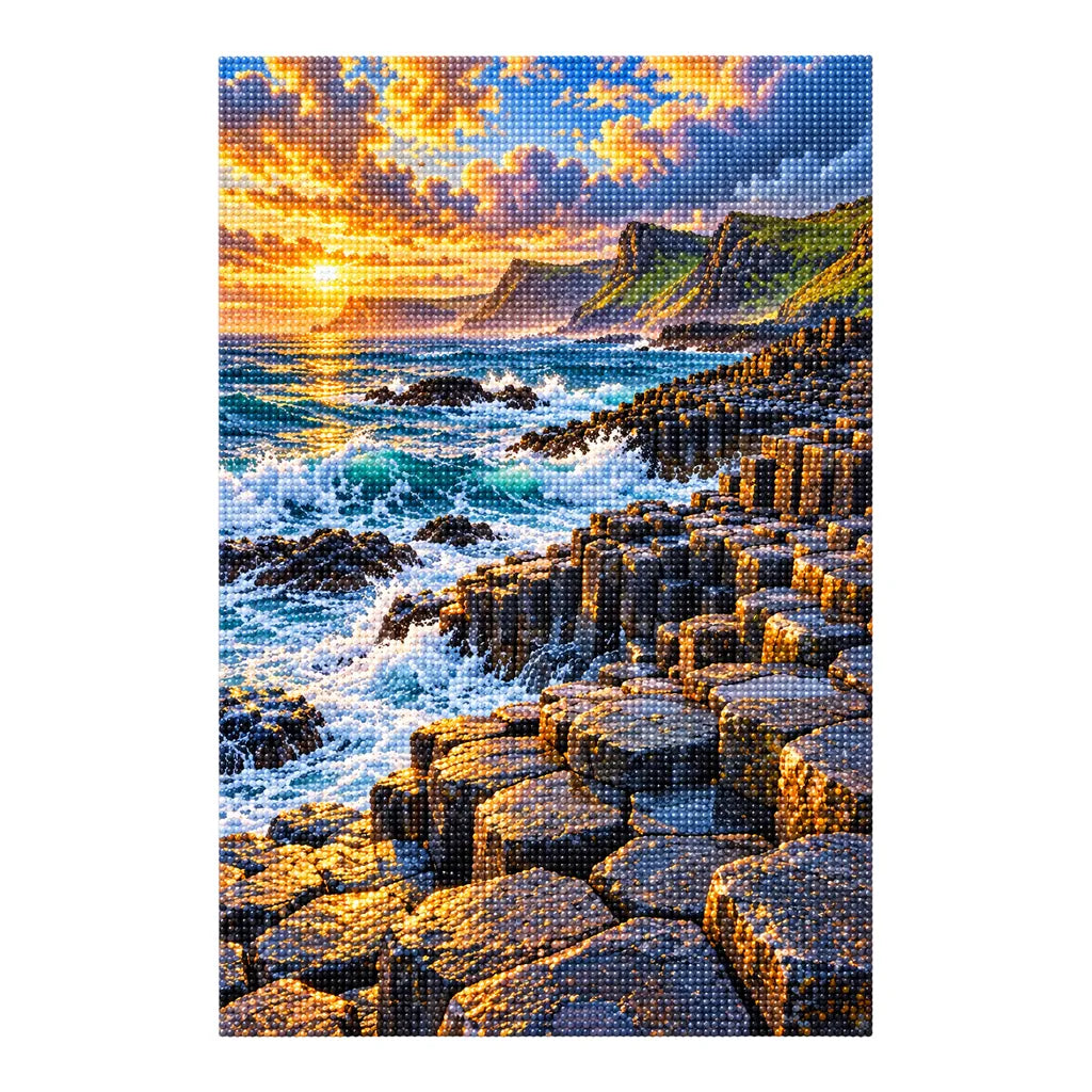 Diamond-finished Giant’s Causeway basalt and surf artwork on a white background