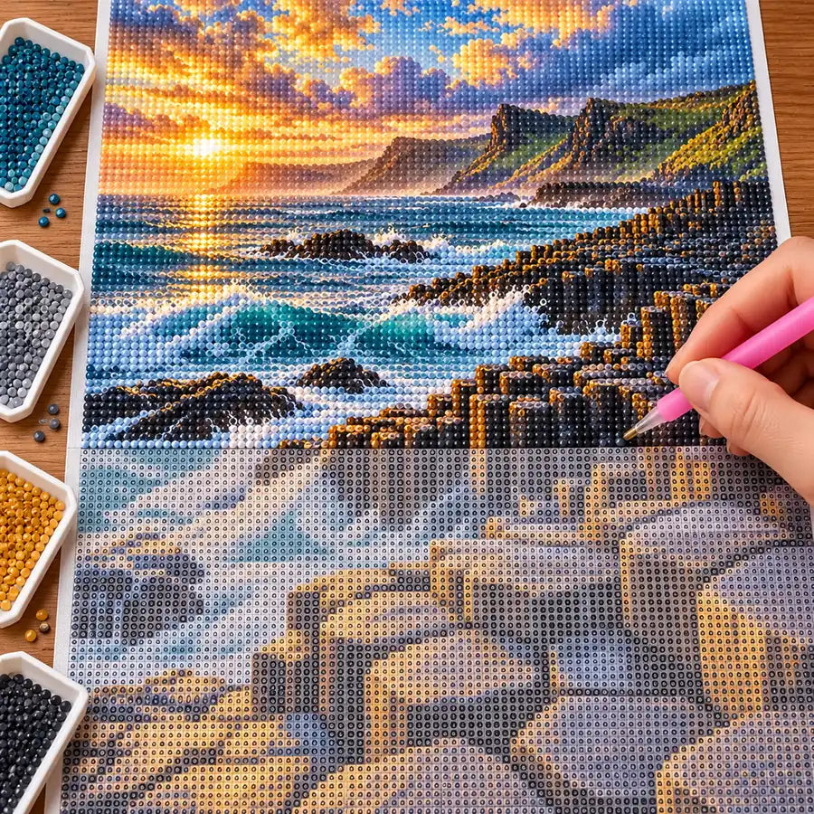 Hand placing diamond drills on the Giant’s Causeway canvas beside trays of drills