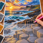 Hand placing diamond drills on the Giant’s Causeway canvas beside trays of drills