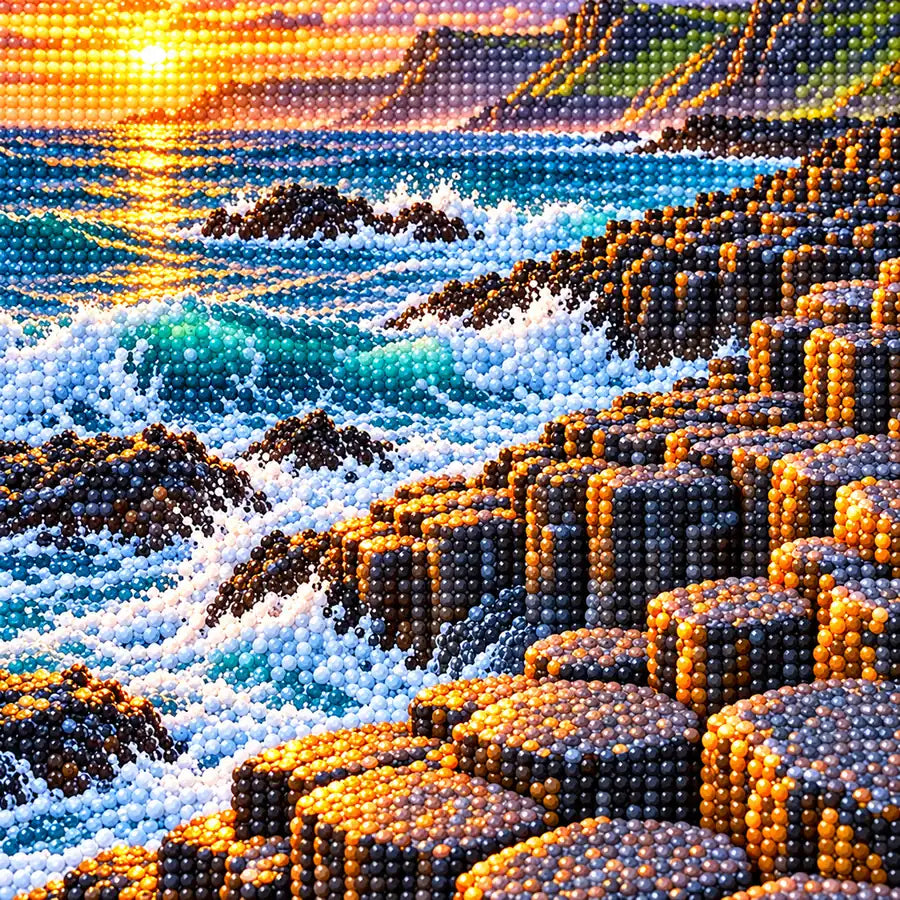Close-up of faceted drills forming the basalt columns and sunset-lit waves