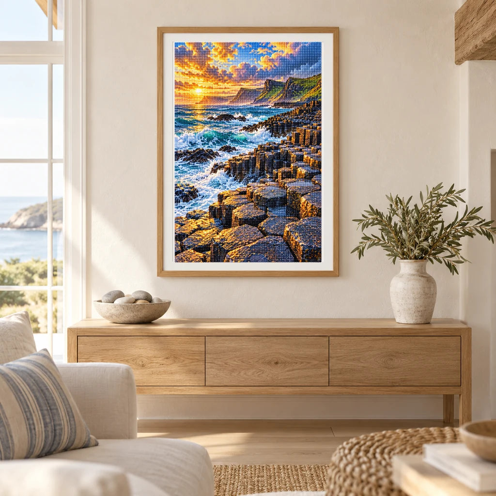 Framed Giant’s Causeway diamond painting displayed in a bright coastal home interior