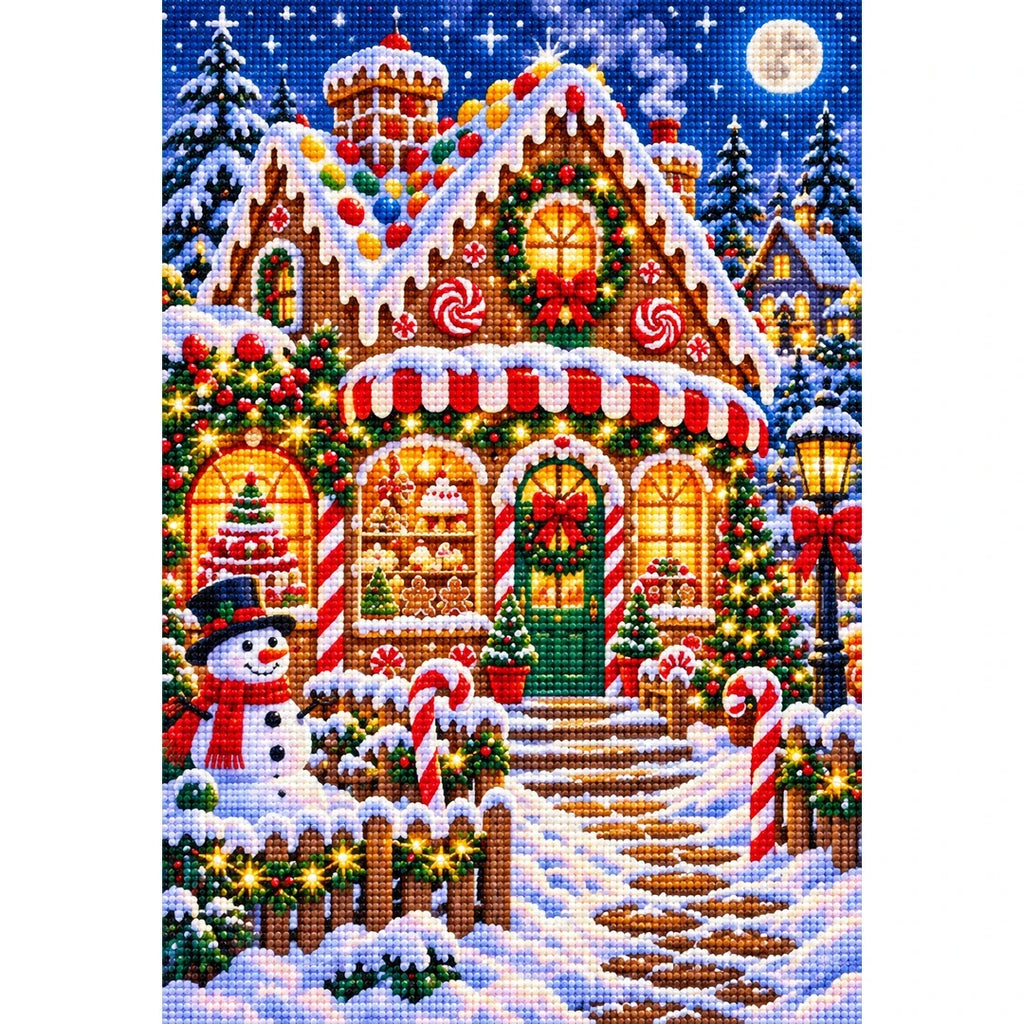 Gingerbread Bakery Christmas Night — finished diamond painting on a white background
