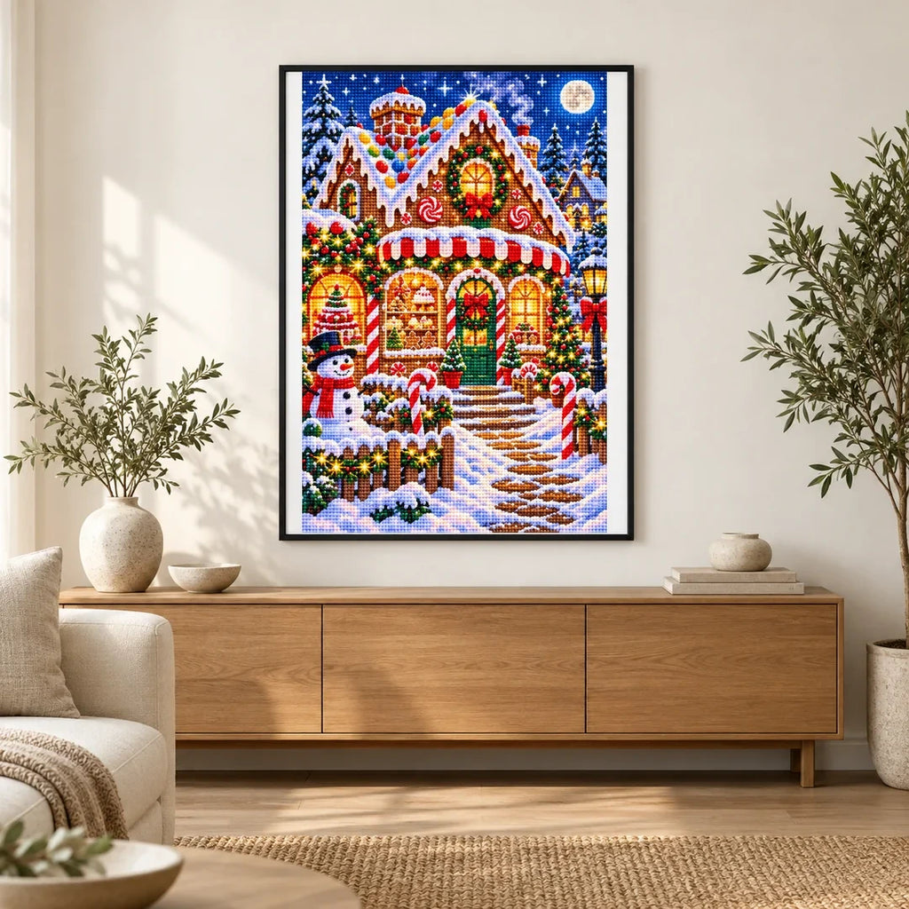 Gingerbread Bakery Christmas Night — finished diamond painting displayed in a home interior