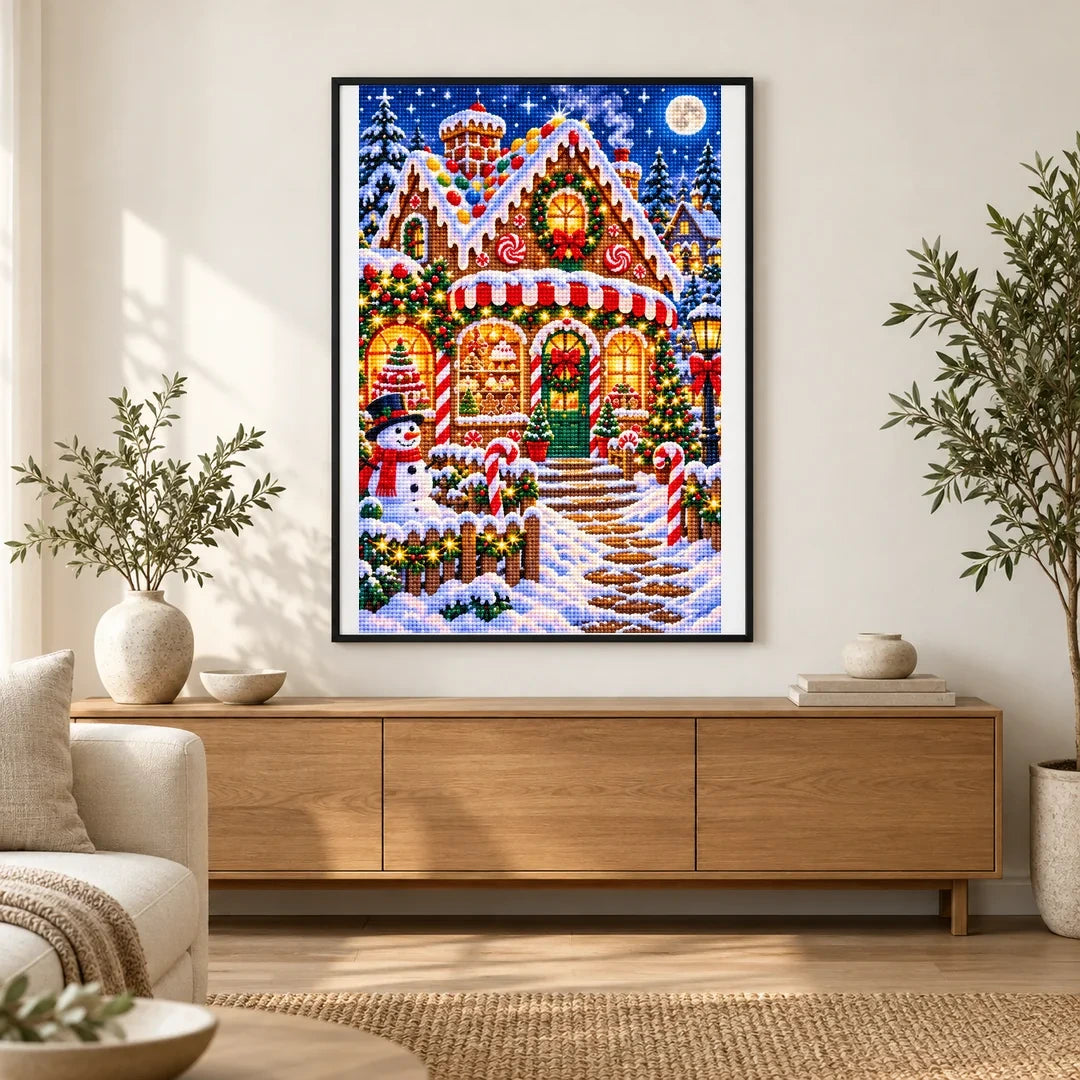 Gingerbread Bakery Christmas Night — finished diamond painting displayed in a home interior