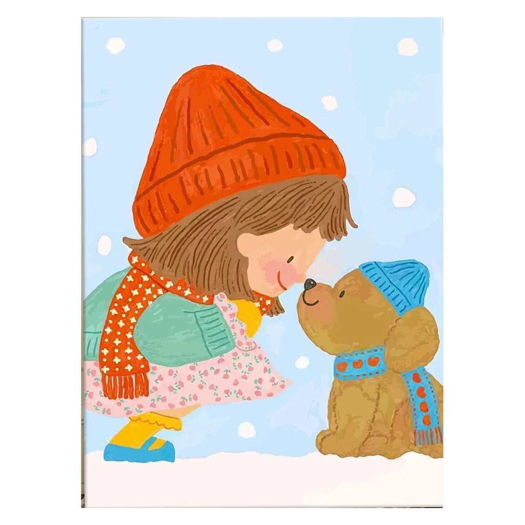 White-background original artwork of a bundled girl greeting a friendly bear in falling snow