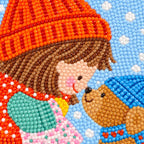 Close-up diamond drill detail of a girl's knitted hat and the bear's face