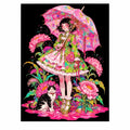 Original artwork showing a girl in a colorful floral dress holding a pink umbrella beside a black-and-white cat amid flowers.