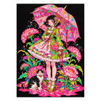 Finished diamond painting showing a girl in a colorful floral dress holding a pink umbrella beside a black-and-white cat amid flowers.