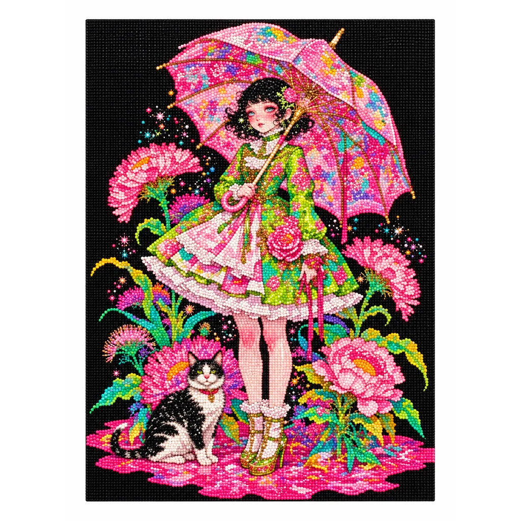 Finished diamond painting showing a girl in a colorful floral dress holding a pink umbrella beside a black-and-white cat amid flowers.