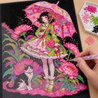 Hands applying drills to a floral umbrella design featuring a girl and a black-and-white cat among pink blossoms.