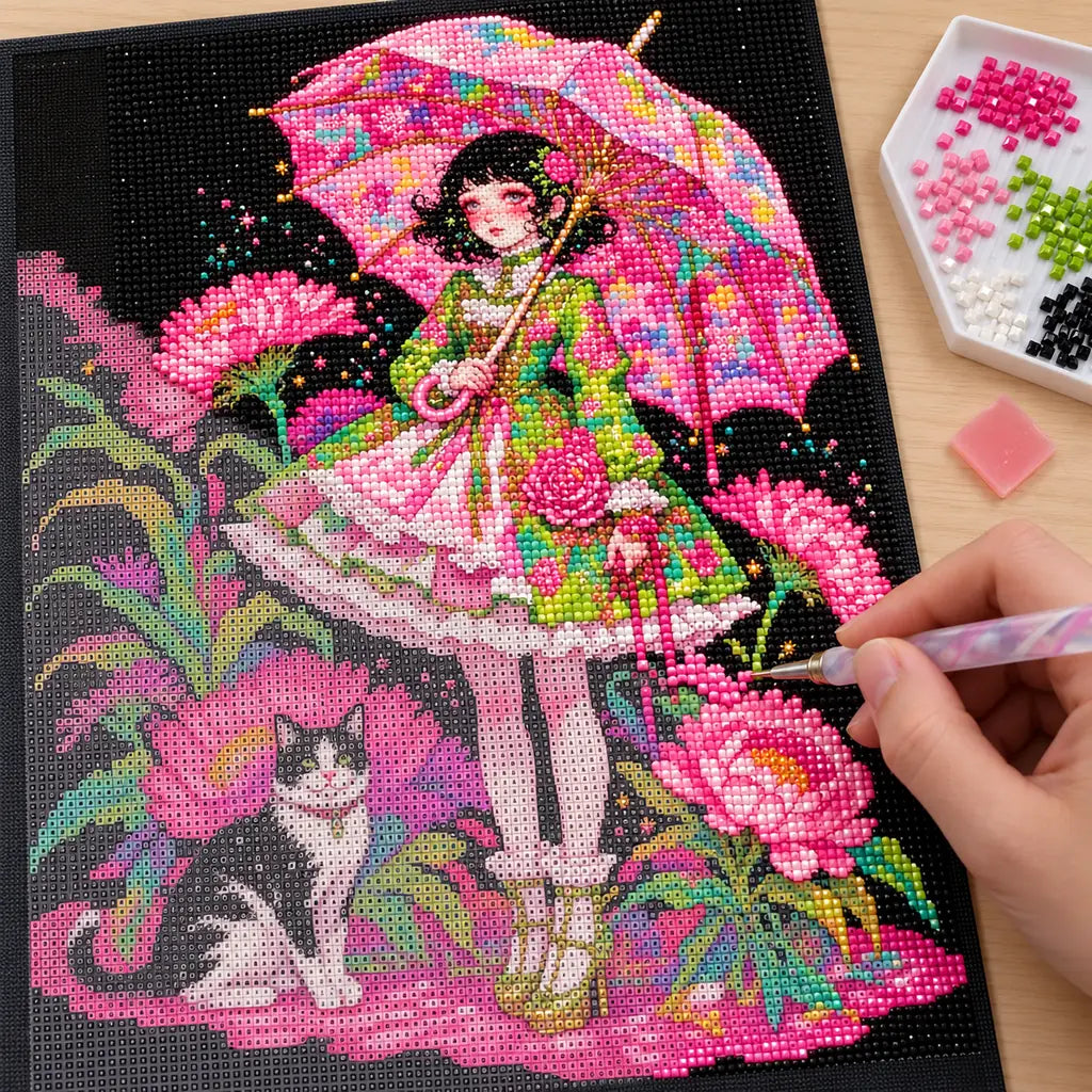 Hands applying drills to a floral umbrella design featuring a girl and a black-and-white cat among pink blossoms.