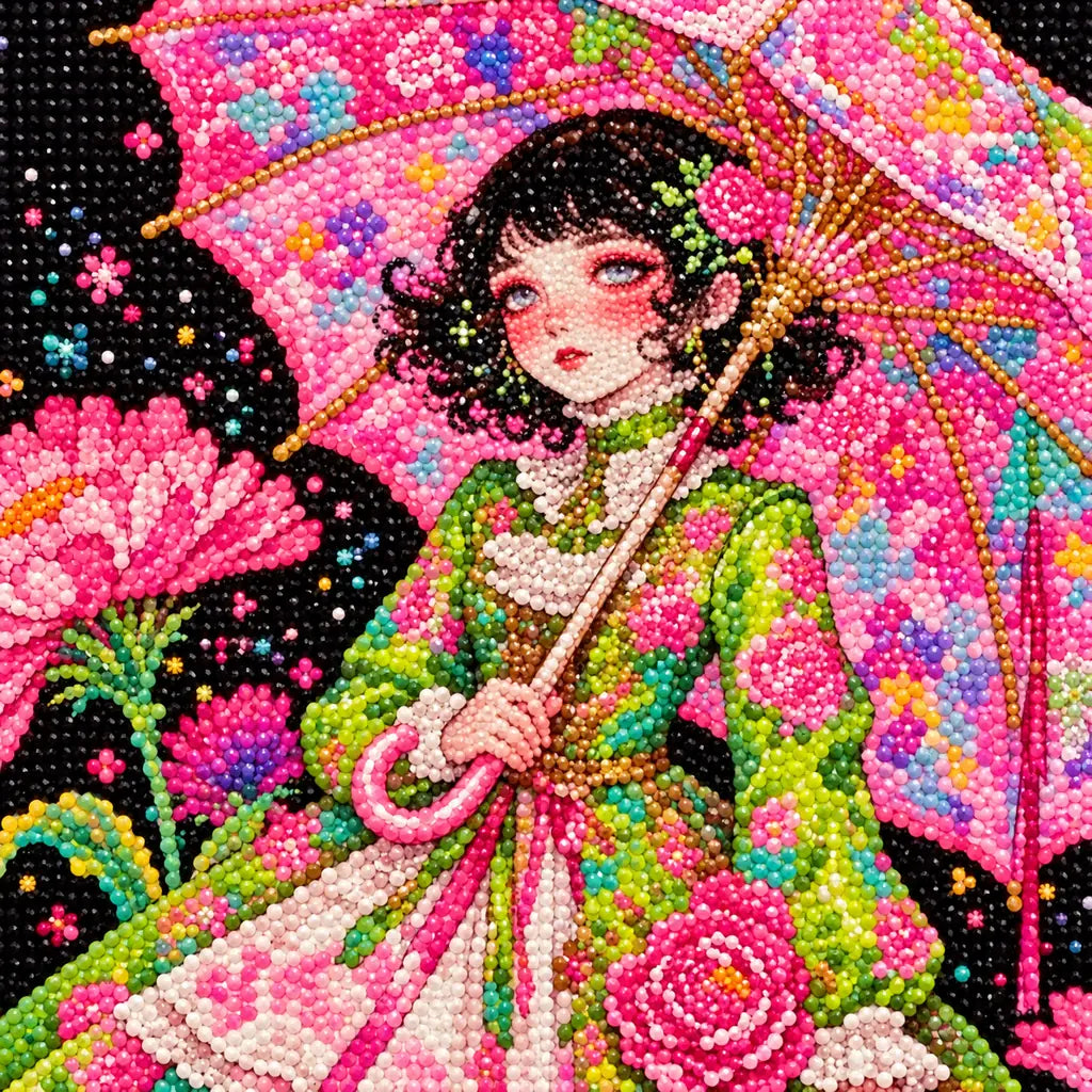 Close-up of diamond drills in the floral umbrella design with a girl and a black-and-white cat among pink blossoms.