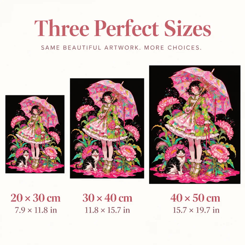 Size guide for Girl with Floral Umbrella and Cat Diamond Painting Kit: 20 × 30 cm, 30 × 40 cm, and 40 × 50 cm.