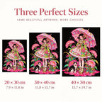 Size guide for Girl with Floral Umbrella and Cat Diamond Painting Kit: 20 × 30 cm, 30 × 40 cm, and 40 × 50 cm.