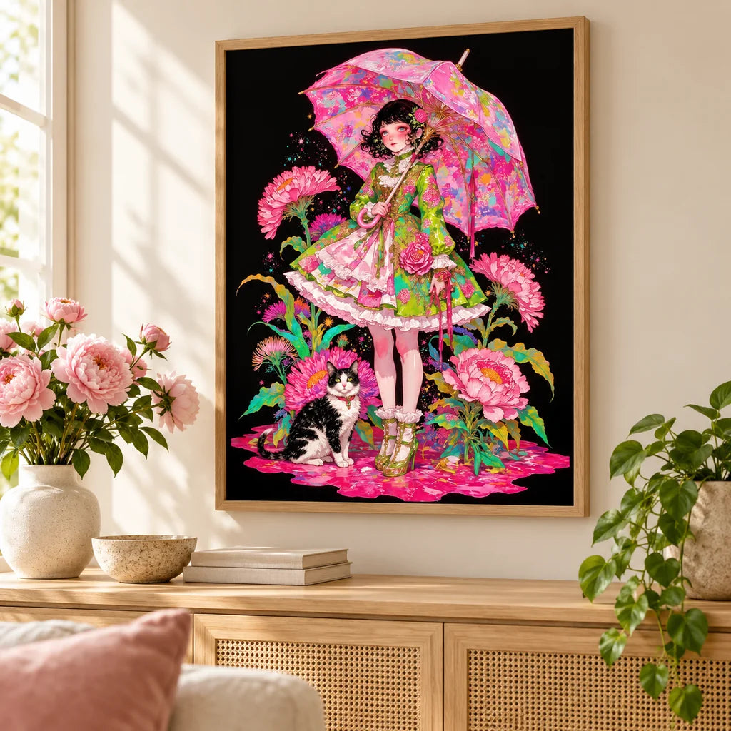 Home decor scene featuring the floral umbrella diamond painting with a girl and a black-and-white cat among flowers, displayed on a wall.
