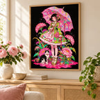 Home decor scene featuring the floral umbrella diamond painting with a girl and a black-and-white cat among flowers, displayed on a wall.
