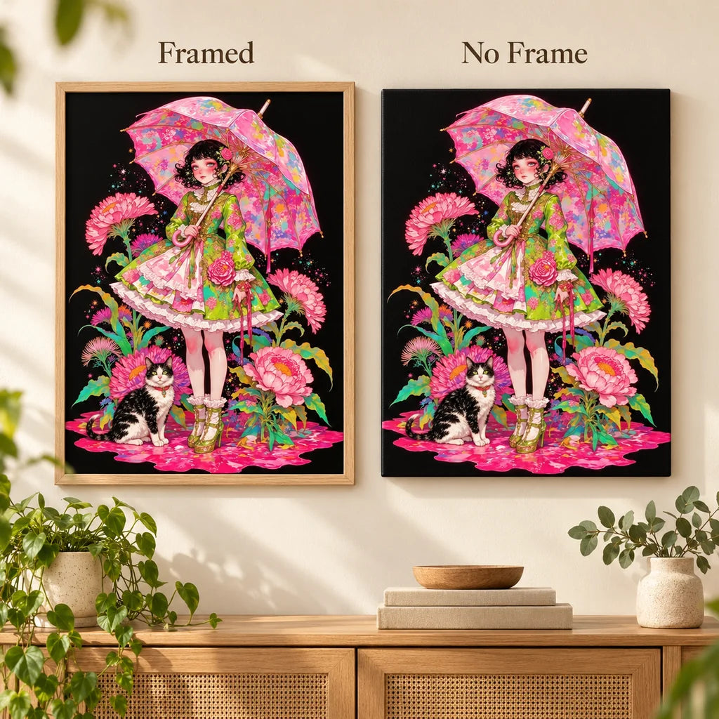 Framed and no-frame comparison for Girl with Floral Umbrella and Cat Diamond Painting Kit.