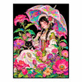 Original artwork showing a seated girl beneath a bright floral umbrella with a black cat among vivid blossoms.