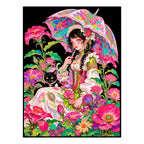 Original artwork showing a seated girl beneath a bright floral umbrella with a black cat among vivid blossoms.