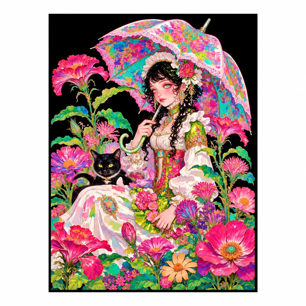 Original artwork showing a seated girl beneath a bright floral umbrella with a black cat among vivid blossoms.