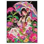 Finished diamond painting showing a seated girl beneath a bright floral umbrella with a black cat among vivid blossoms.