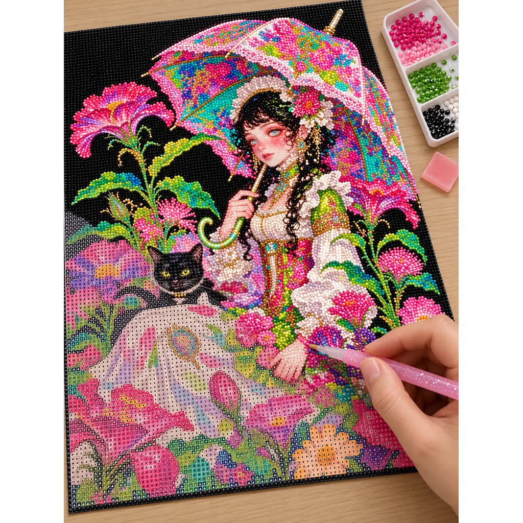 Hands applying drills to a seated girl beneath a floral umbrella with a black cat among vivid blossoms.