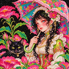 Close-up of diamond drills in the seated girl and black cat floral umbrella design among vivid blossoms.