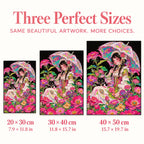 Size guide for Girl Under Floral Umbrella with Black Cat Diamond Painting Kit: 20 × 30 cm, 30 × 40 cm, and 40 × 50 cm.