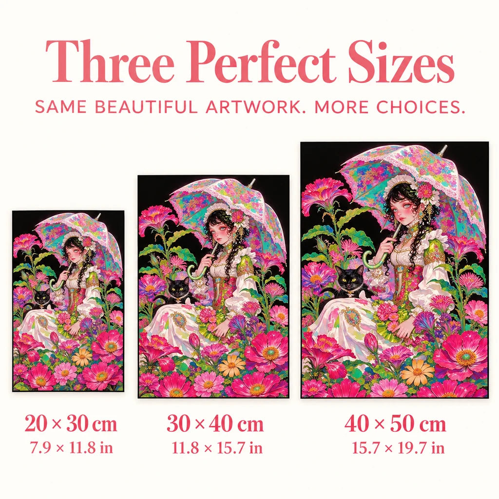Size guide for Girl Under Floral Umbrella with Black Cat Diamond Painting Kit: 20 × 30 cm, 30 × 40 cm, and 40 × 50 cm.