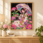 Home decor scene featuring the seated girl and black cat floral umbrella diamond painting displayed on a wall.
