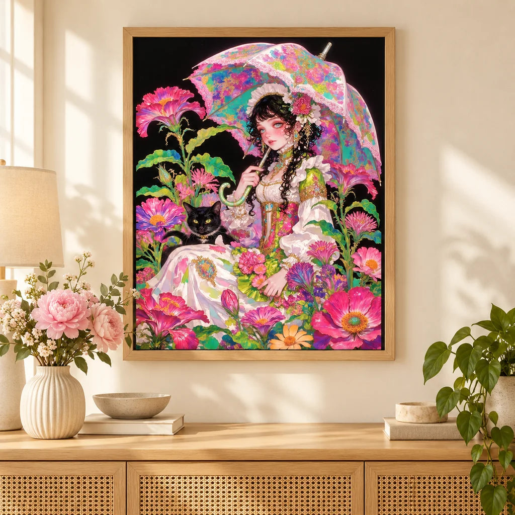 Home decor scene featuring the seated girl and black cat floral umbrella diamond painting displayed on a wall.